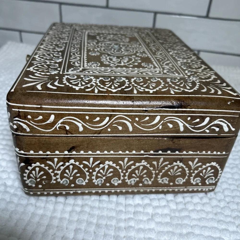 Teak Wood Hand Painted Box Embellished Approx 9.5x7.5x4.5 inches